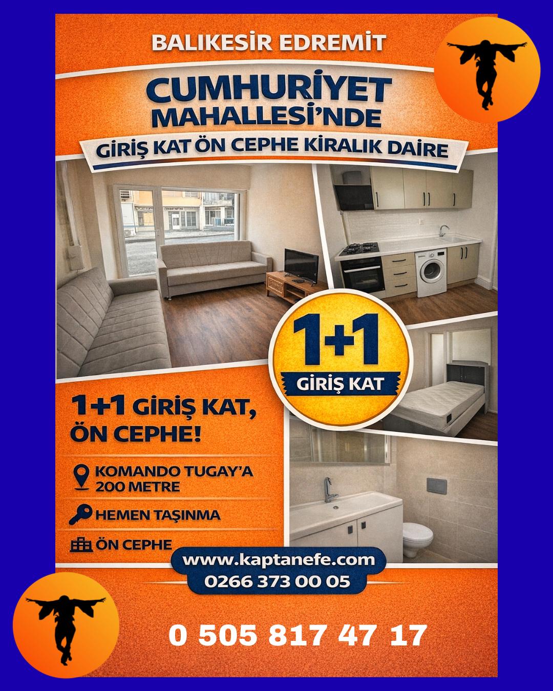 CUMHURİYET MAHALLESİNDE EŞYALI KİRALIK 1+1 DAİRE